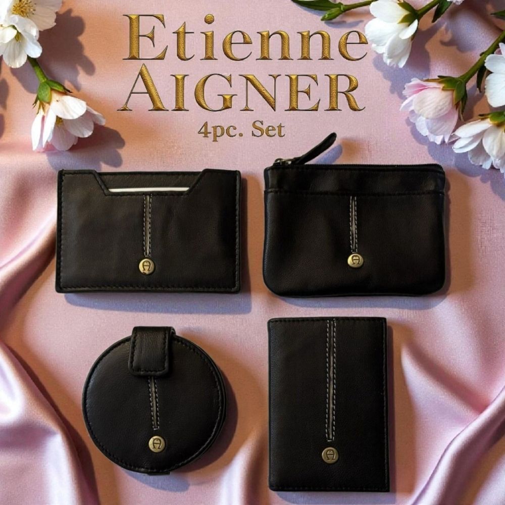 Etienne Aigner VTG Black Lambskin Leather 4-Piece Set NWOT